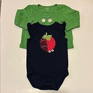 Baby Girls Gymboree Strawberry Bodysuit Green Floral Top sz 6-12 month lot of 2